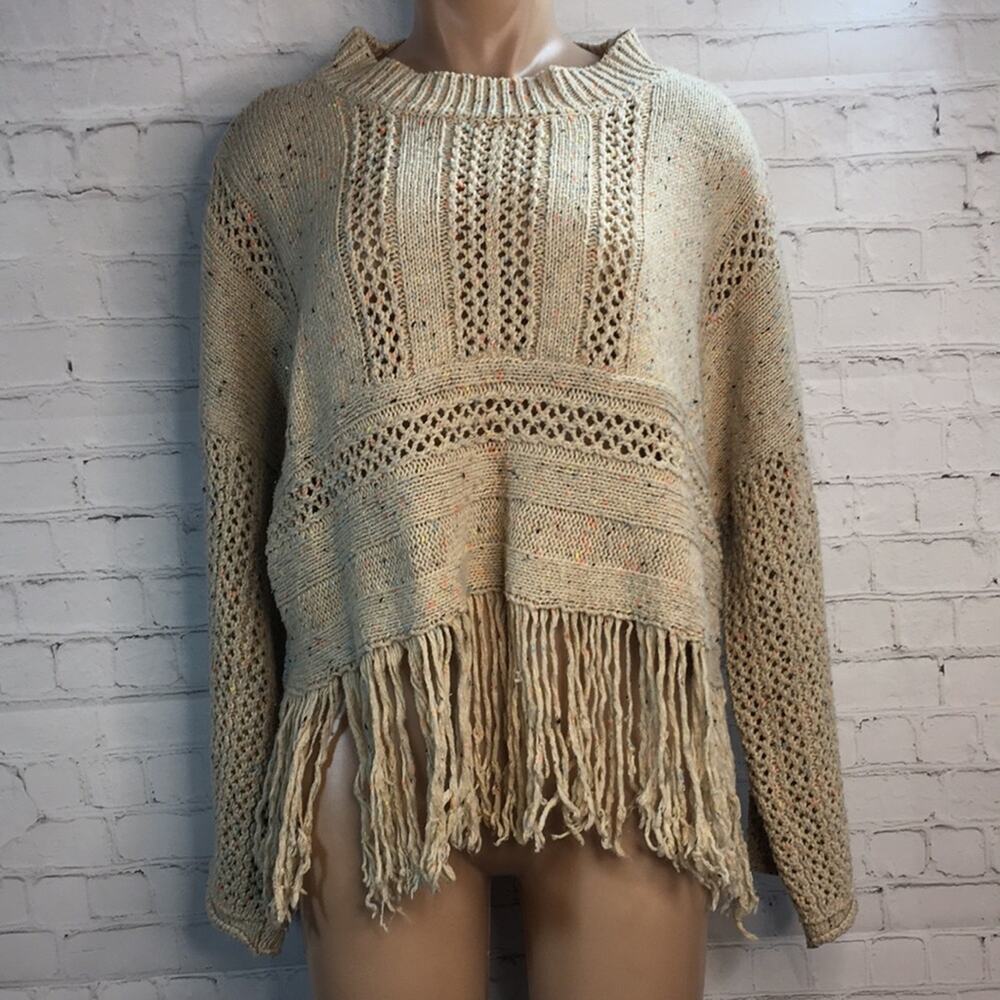 Chrysanthemum Cropped Sweater with Fringe Women's Size Medium Beige‎